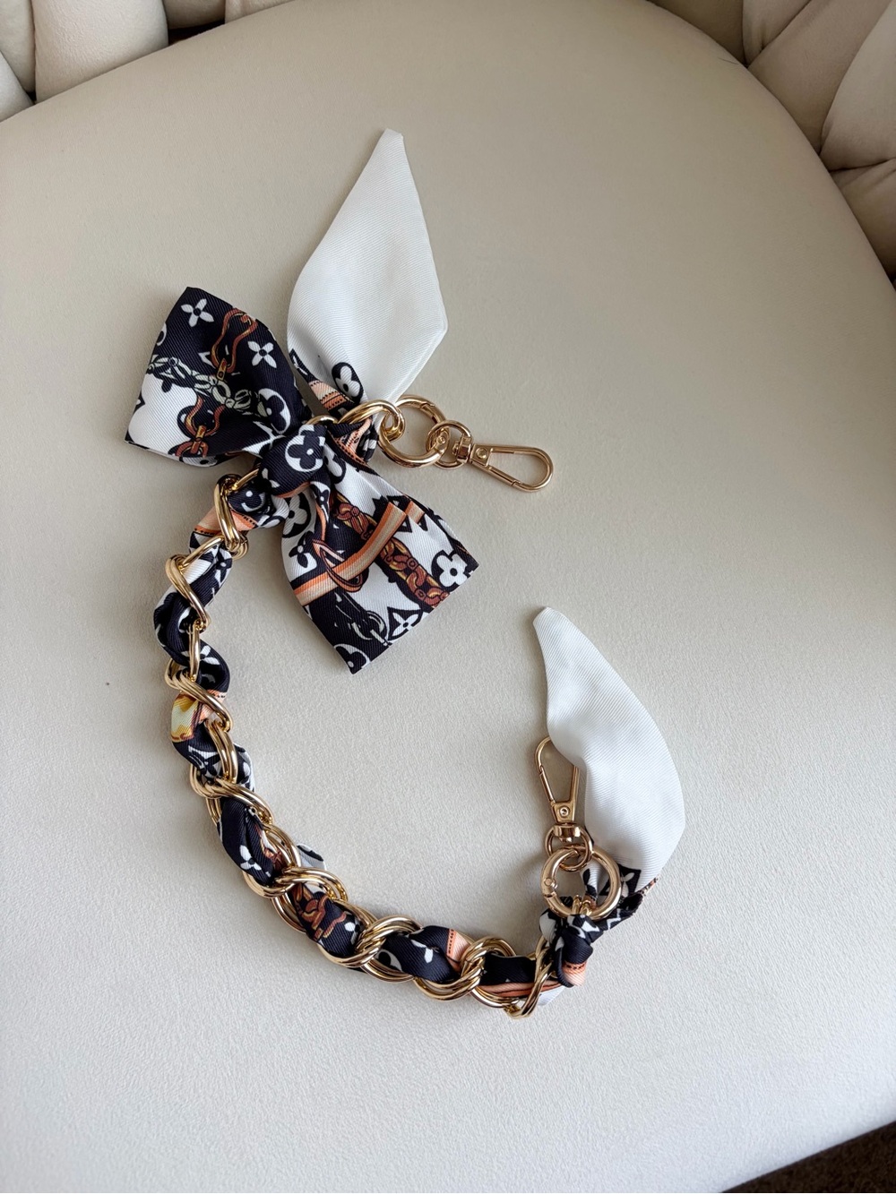 Gold Chain Scarf Keychain with Navy & White Bow Monogram Print